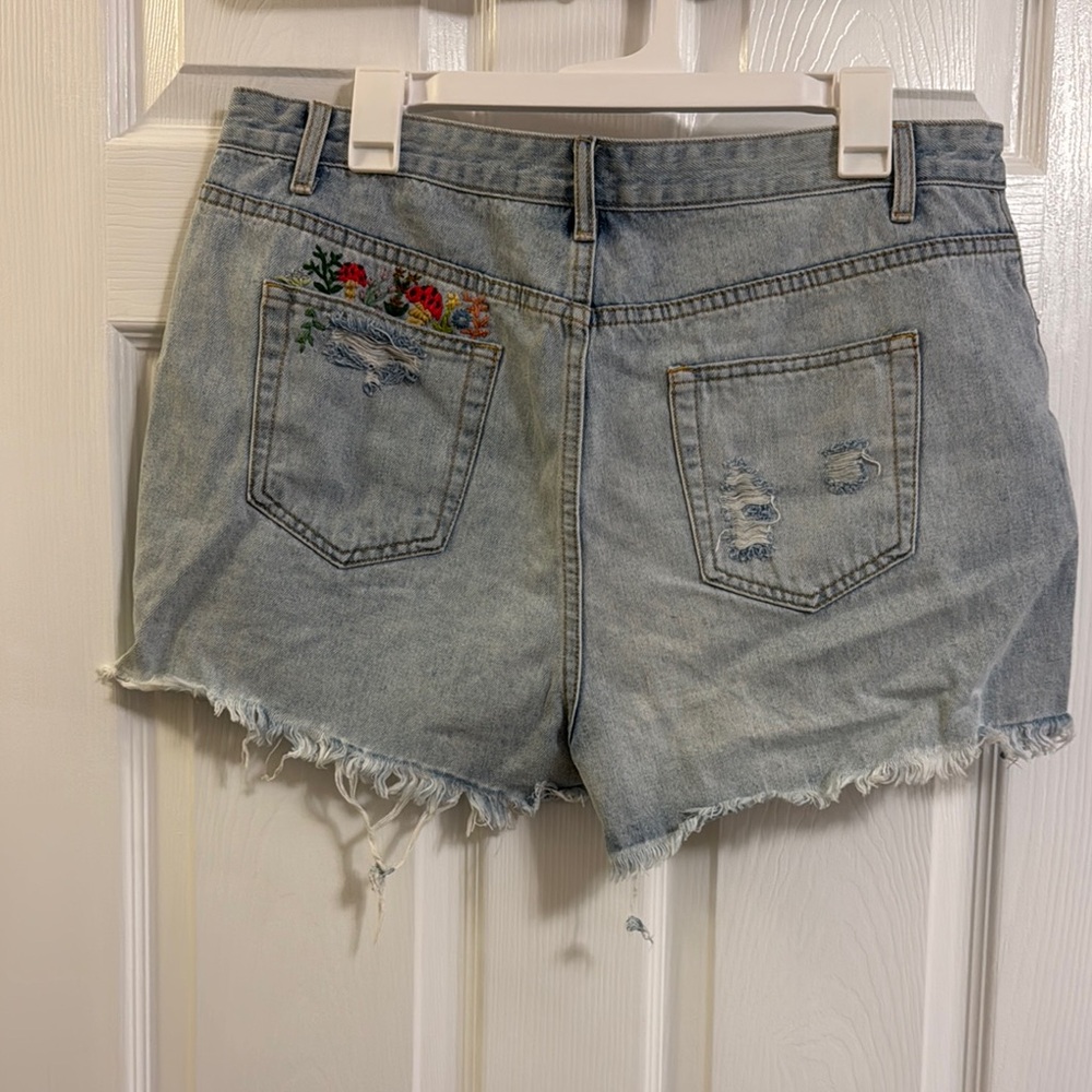 Embroidered Light Blue Denim Shorts